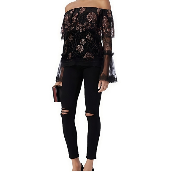 ALEXIS INTERMIX "LAURENA" BLACK LACE PINK FLORAL OFF SHOULDER BOHO TOP BLOUSE M - Picture 2 of 16